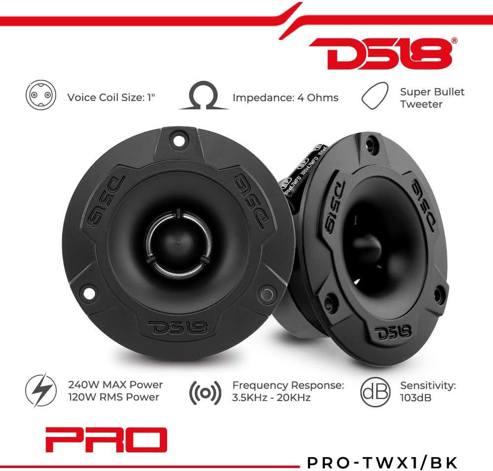 PRO-TWX1/BK 3.8" Aluminum Super Bullet Tweeter, 240W Max, 1" Aluminum 4-Ohms Voice Coil, Built in Crossover - PRO Tweeters Are the Best in the Pro Audio and Voceteo Market (2 Speakers Included)
