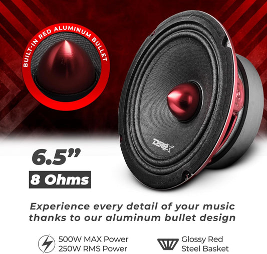 PRO-X6BM Loudspeaker - 6.5", Midrange, Red Aluminum Bullet, 500W Max, 250W RMS, 8 Ohms - Premium Quality Audio Door Speakers for Car or Truck Stereo Sound System (1 Speaker)