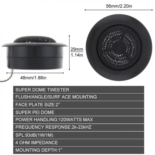 2Pcs 120W High Efficiency Universal Mini Dome Tweeter Speakers for Car Audio System