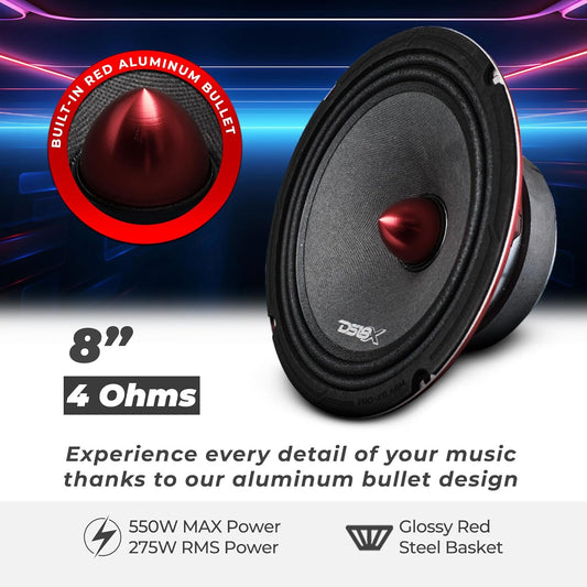 PRO-X8.4BM Loudspeaker - 8", Midrange, Red Aluminum Bullet, 550W Max, 275W RMS, 4 Ohms - Premium Quality Audio Door Speakers for Car or Truck Stereo Sound System (1 Speaker)